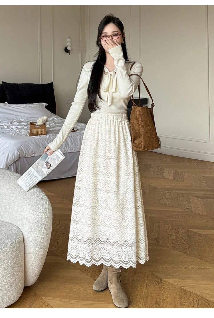 Retro Mid-length Lace Fleece Skirt Women Korean Fashion Fall Winter High-waisted Skirt Female Chic All Match Faldas 2025