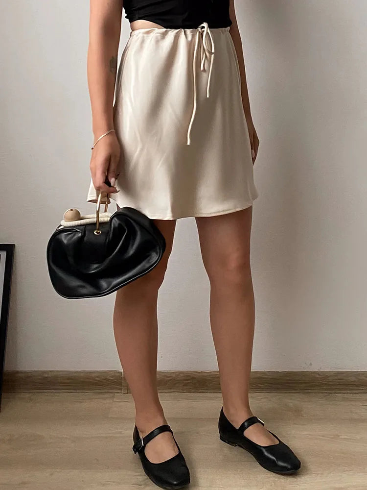 Satin Mini Skirt - Drawstring High Waist A-Line
