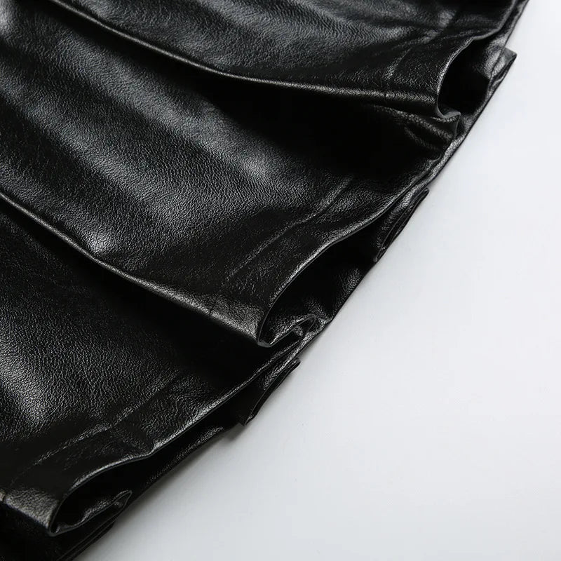 2025 New Vintage Dark Punk Rivet Faux Pu Leather Pleated Skirts Y2K Grunge Streetwear Women Gothic Dropped A-Line Mini Skirt Zip