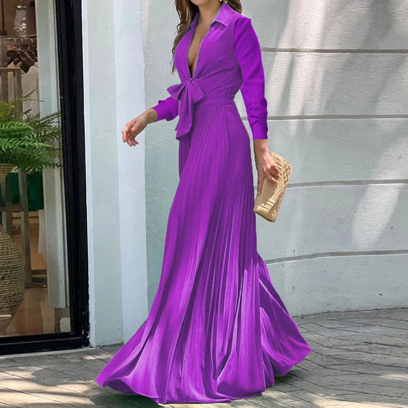 Vestido Largo Boho Floral Escote V Manga Larga Línea A Mujer