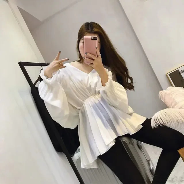 Blusa Chifón Cuello V Pliegues Manga Larga Slim Verano