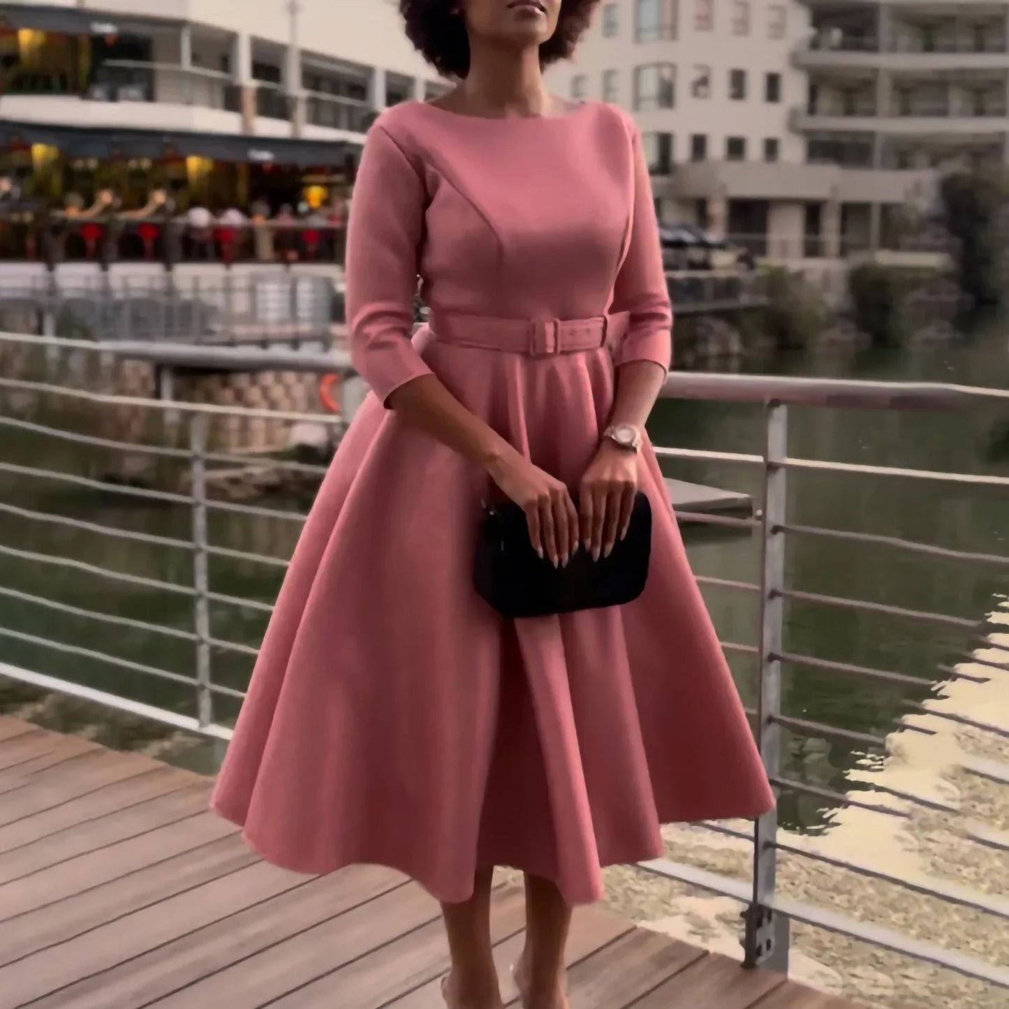 Party Dress - A-Line Belt Three Quarter Sleeve