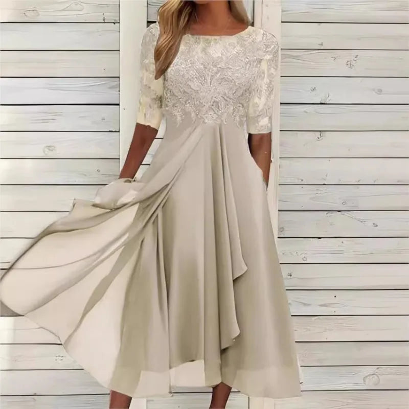 Vestido Midi Elegante Mujer Asimétrico Encaje Chifón Banquete