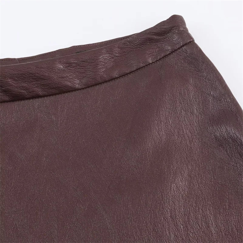 Falda Larga Faux Leather Marrón - Línea A Casual