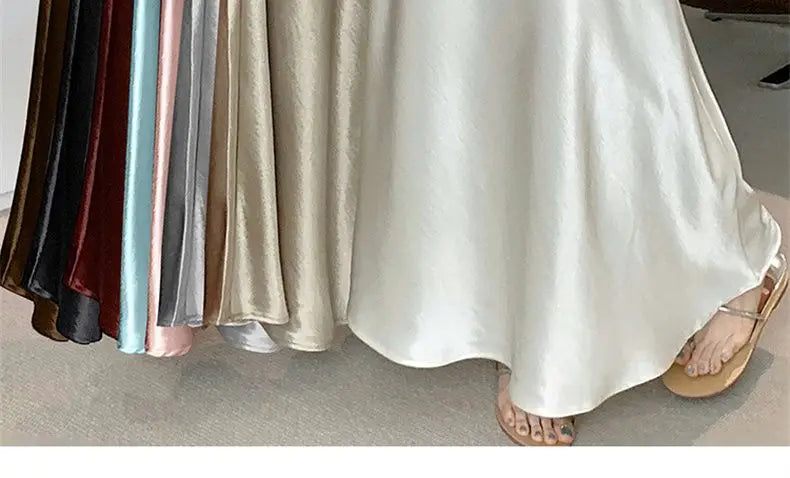 Pink Satin Midi Skirt - High Waist Fishtail Wrap