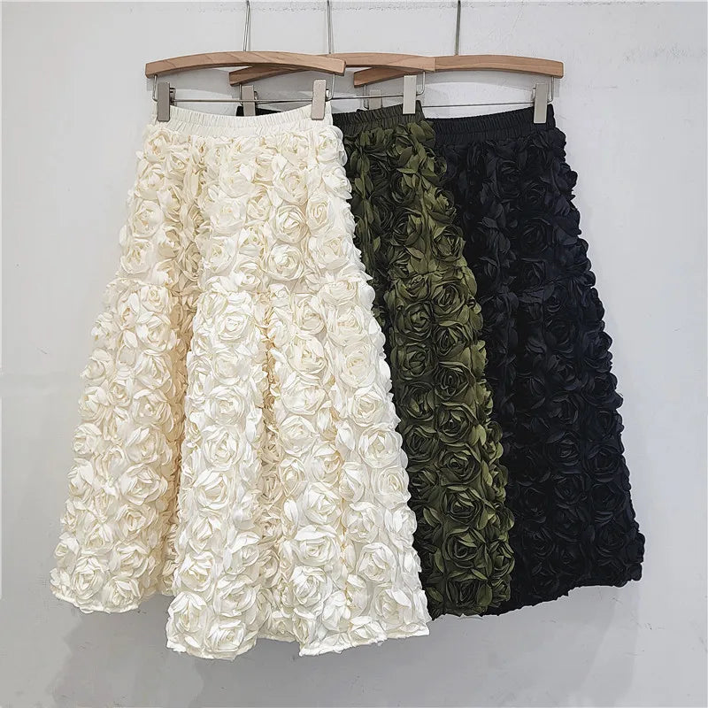 Falda Midi Flores 3D Mujer Cintura Alta Gran Vuelo