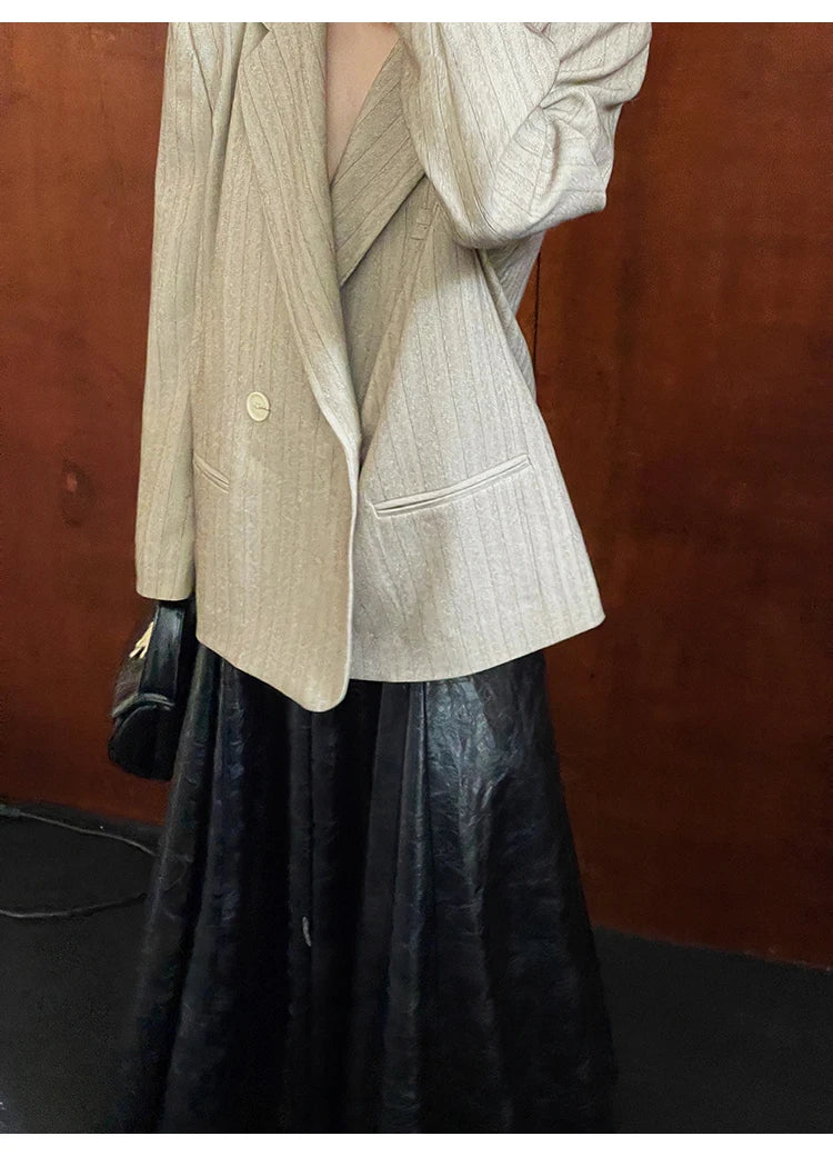 PU Leather Maxi Skirt - High Waist Pleated Black