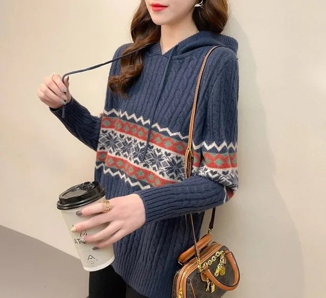 Polerón con Capucha Mujer Suelto Cordón Patchwork Estilo Étnico
