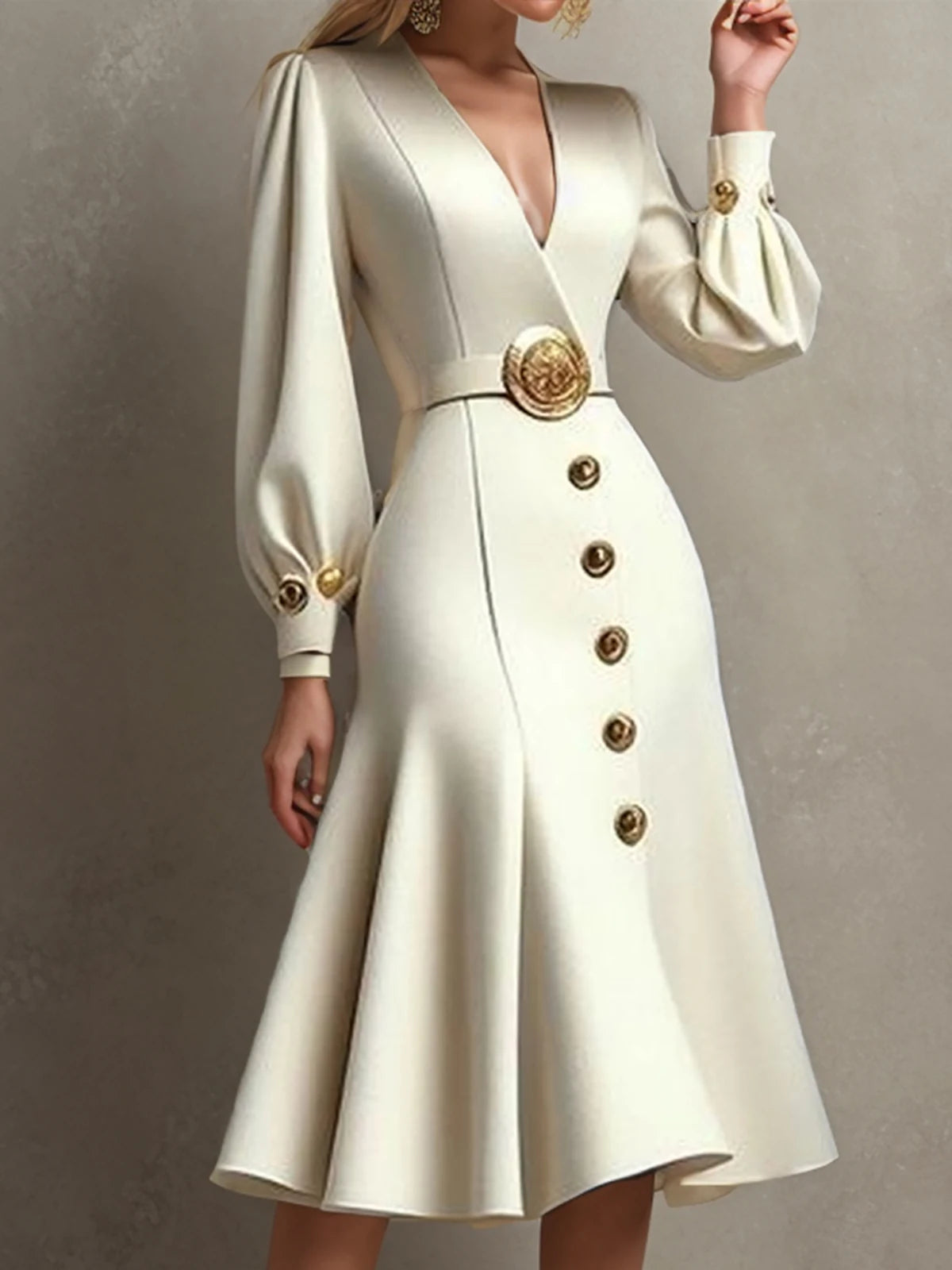 Business Dress - V Neck Gold Button Pleated Midi