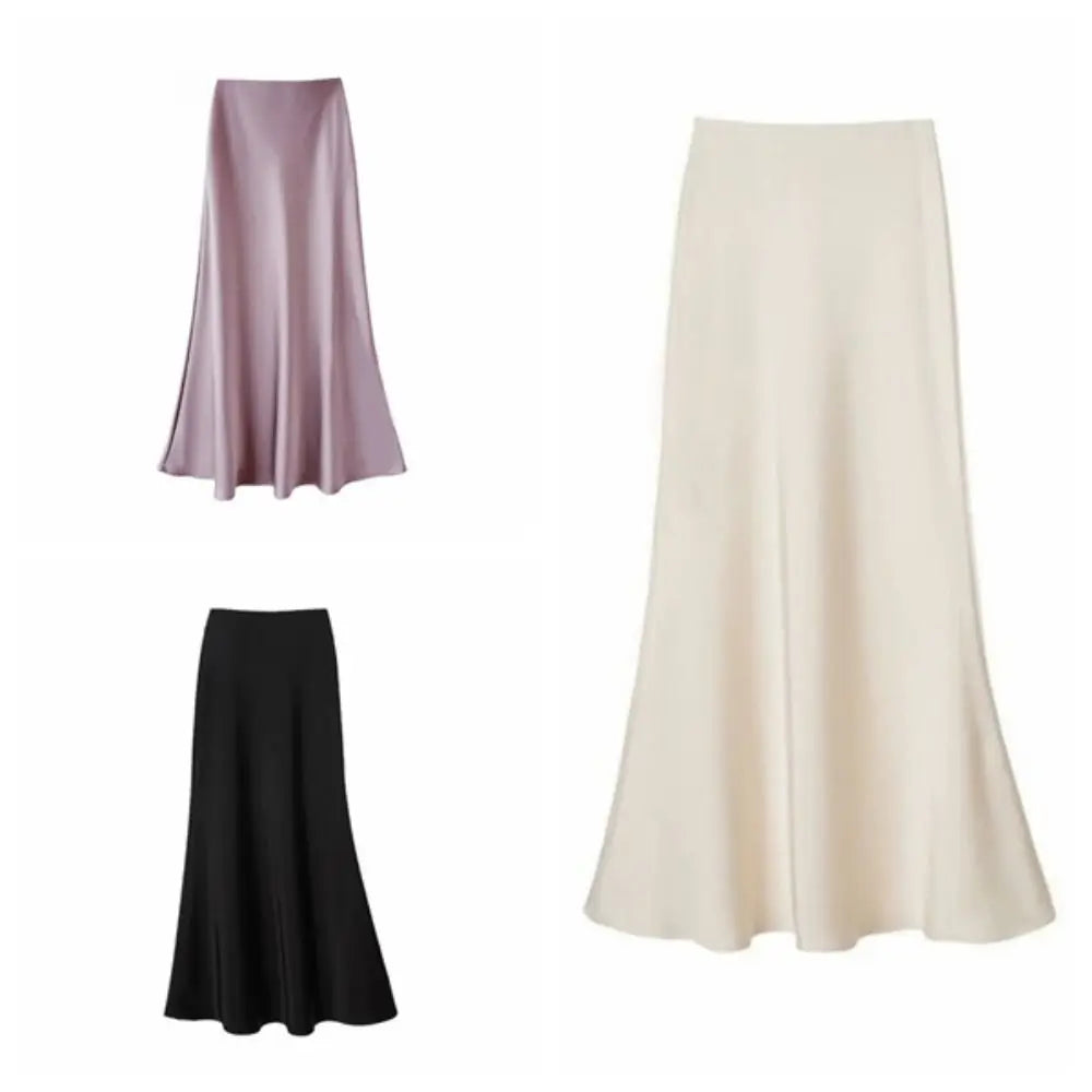 Satin Long Skirt - High Waist Draped Black
