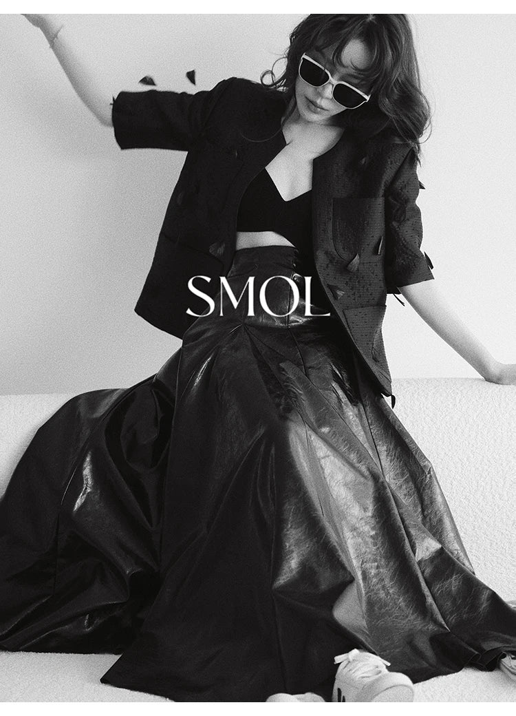 PU Leather Maxi Skirt - High Waist Pleated Black