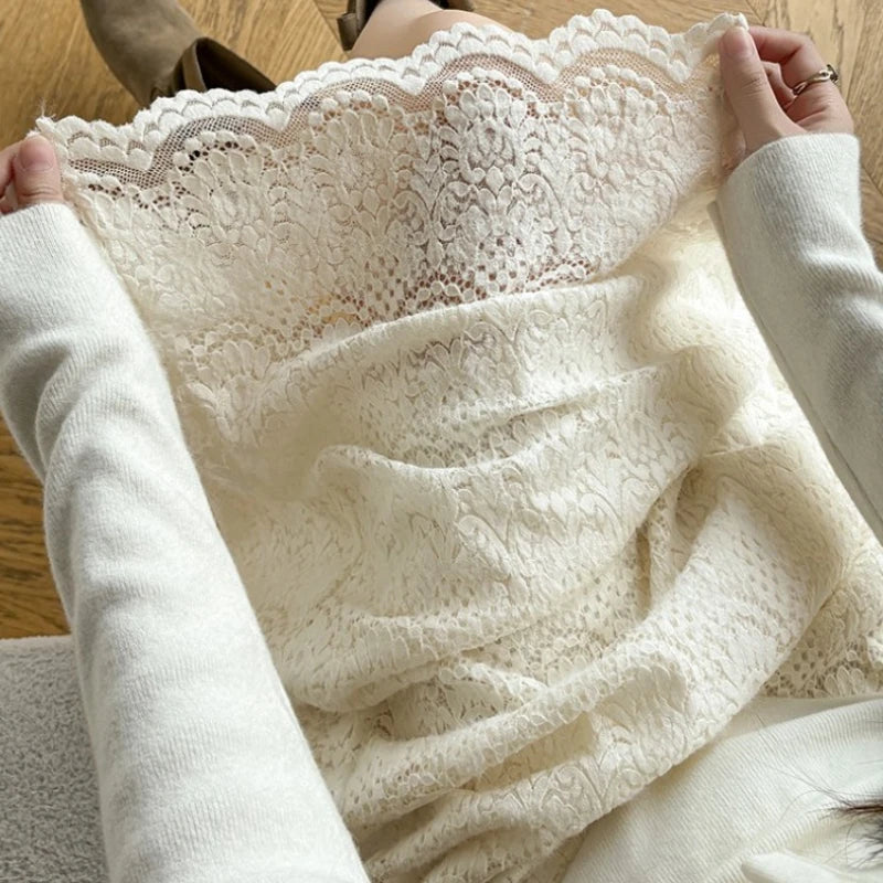 Retro Mid-length Lace Fleece Skirt Women Korean Fashion Fall Winter High-waisted Skirt Female Chic All Match Faldas 2025