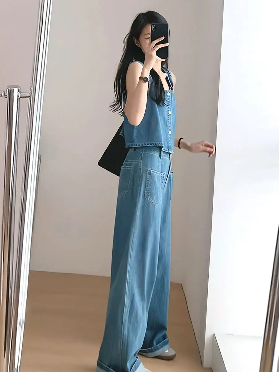 Denim Two Piece Set - Sleeveless Top & Wide Leg Pants