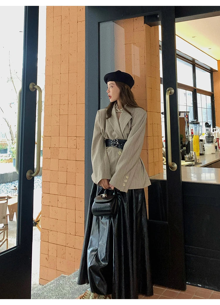 PU Leather Maxi Skirt - High Waist Pleated Black