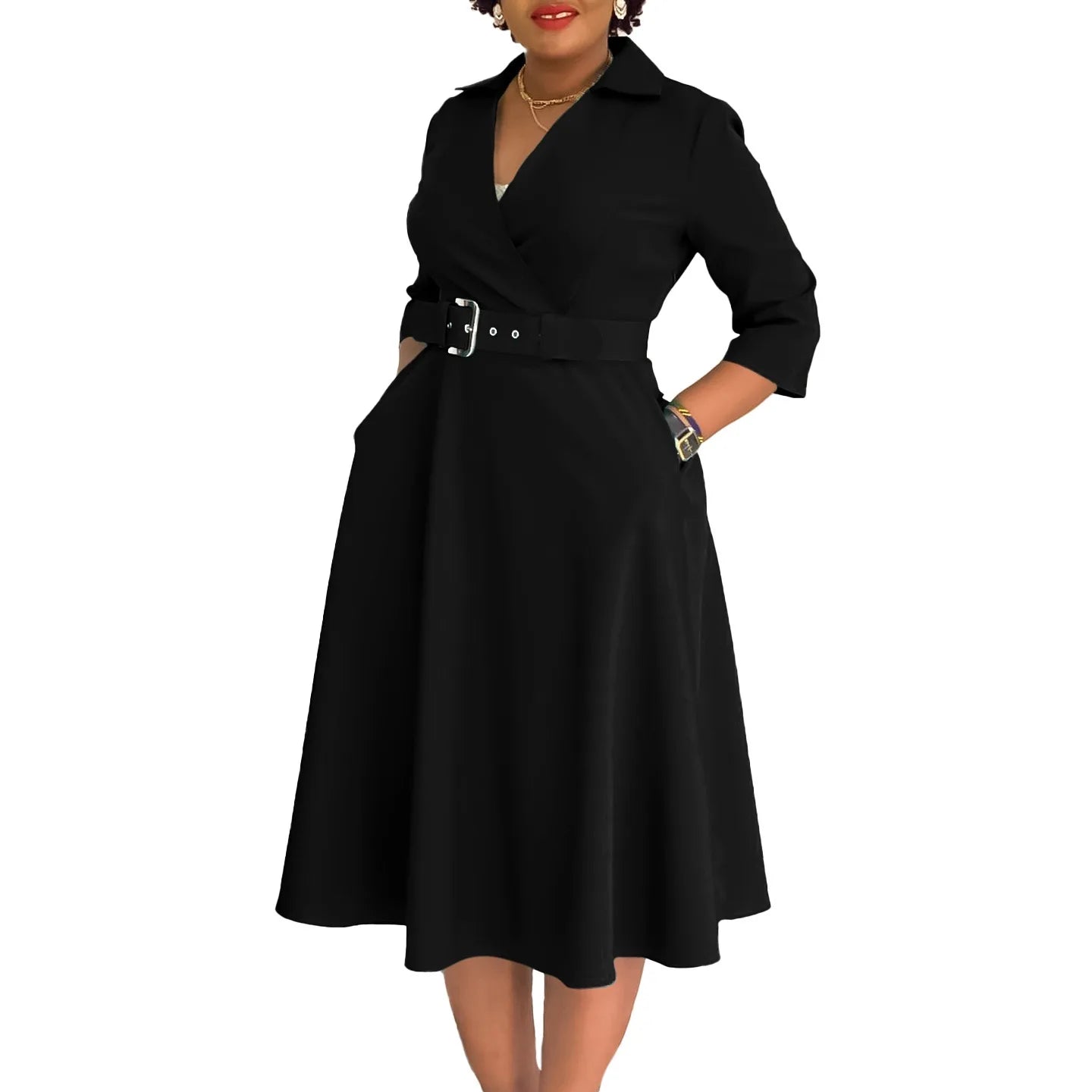 Office Dress - Turn Down Collar Belt Pleated African