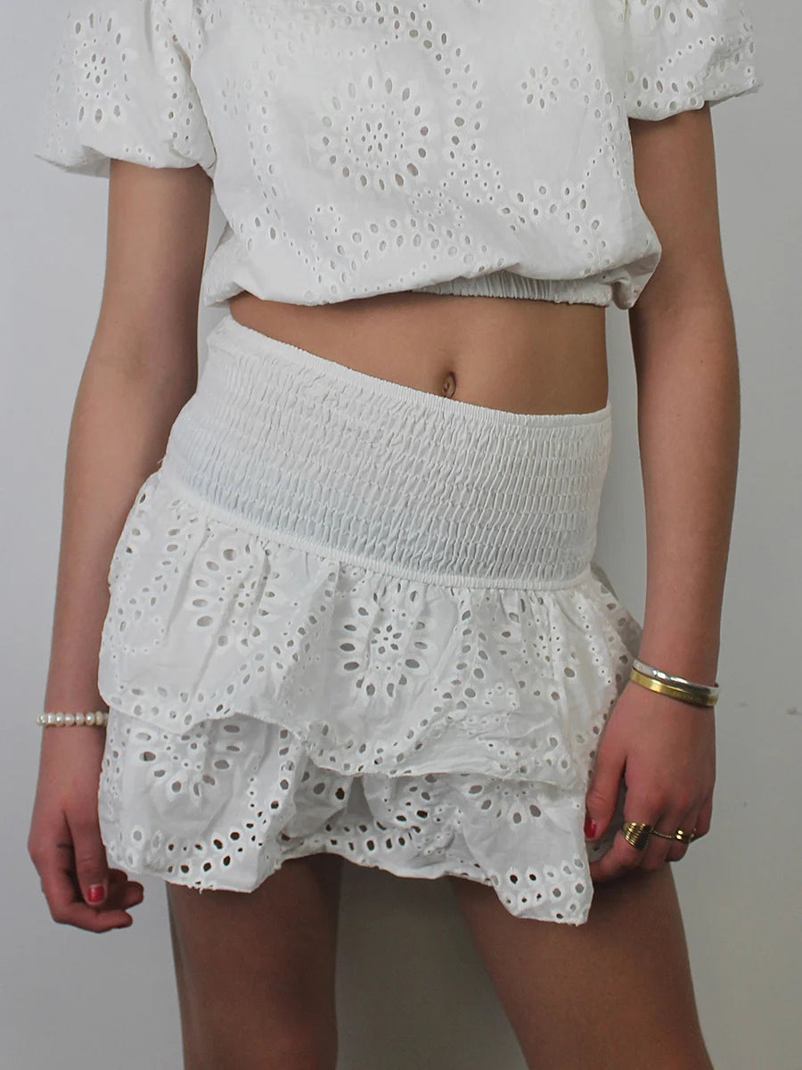 Shirred Mini Skirt - Layered Ruffle High Waist