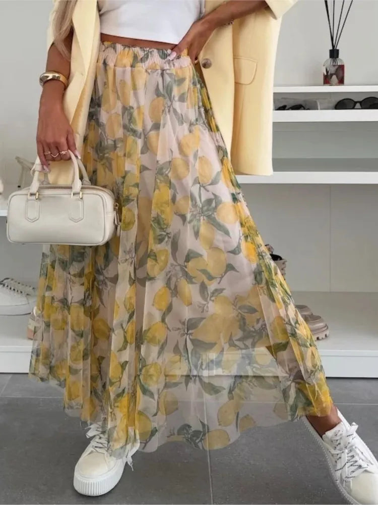 Falda Larga Estampada Suelta Casual Cintura Alta Verano