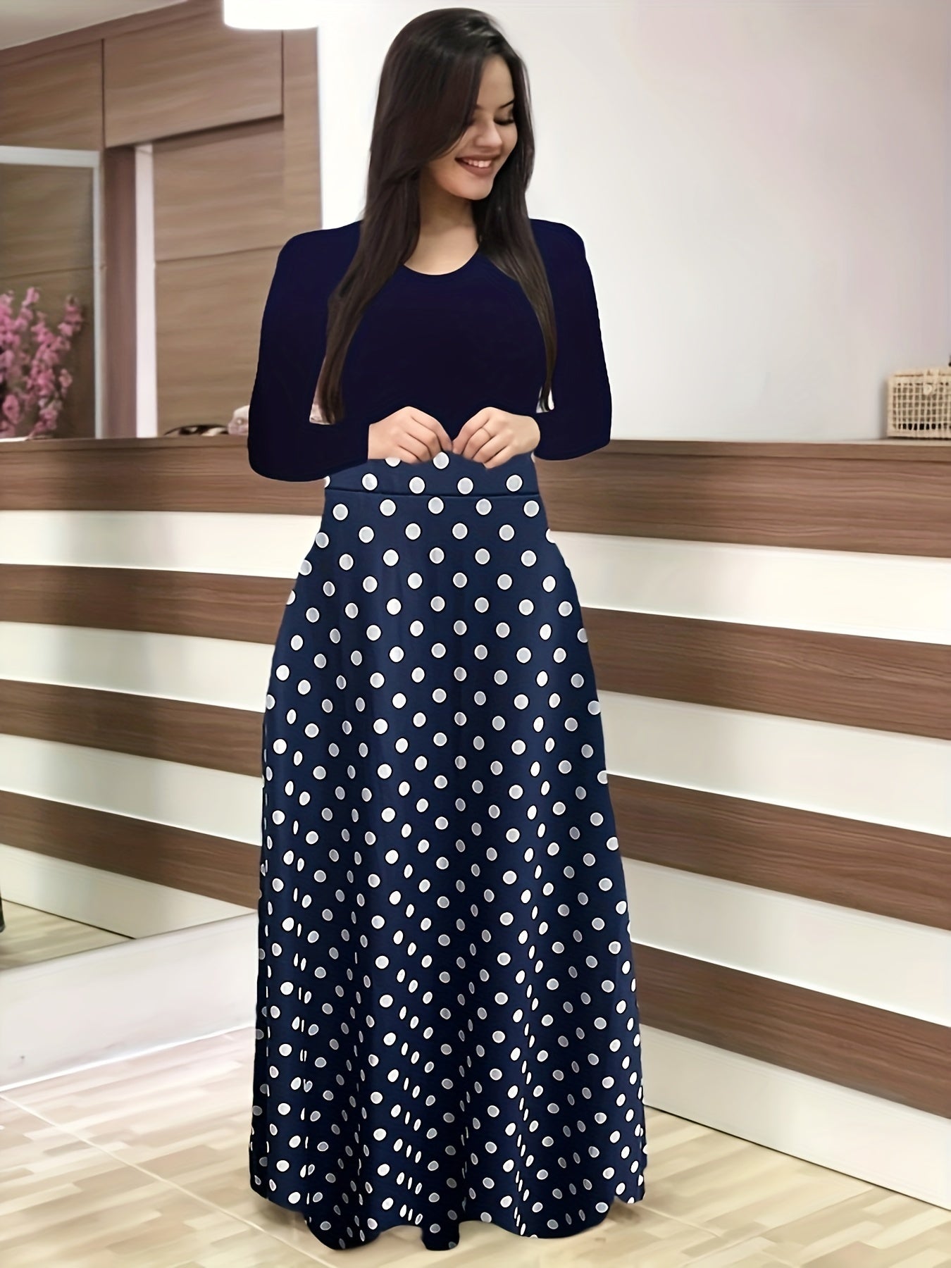 Vestido Maxi Diseño Variado Cintura Alta - Manga Larga Elegante