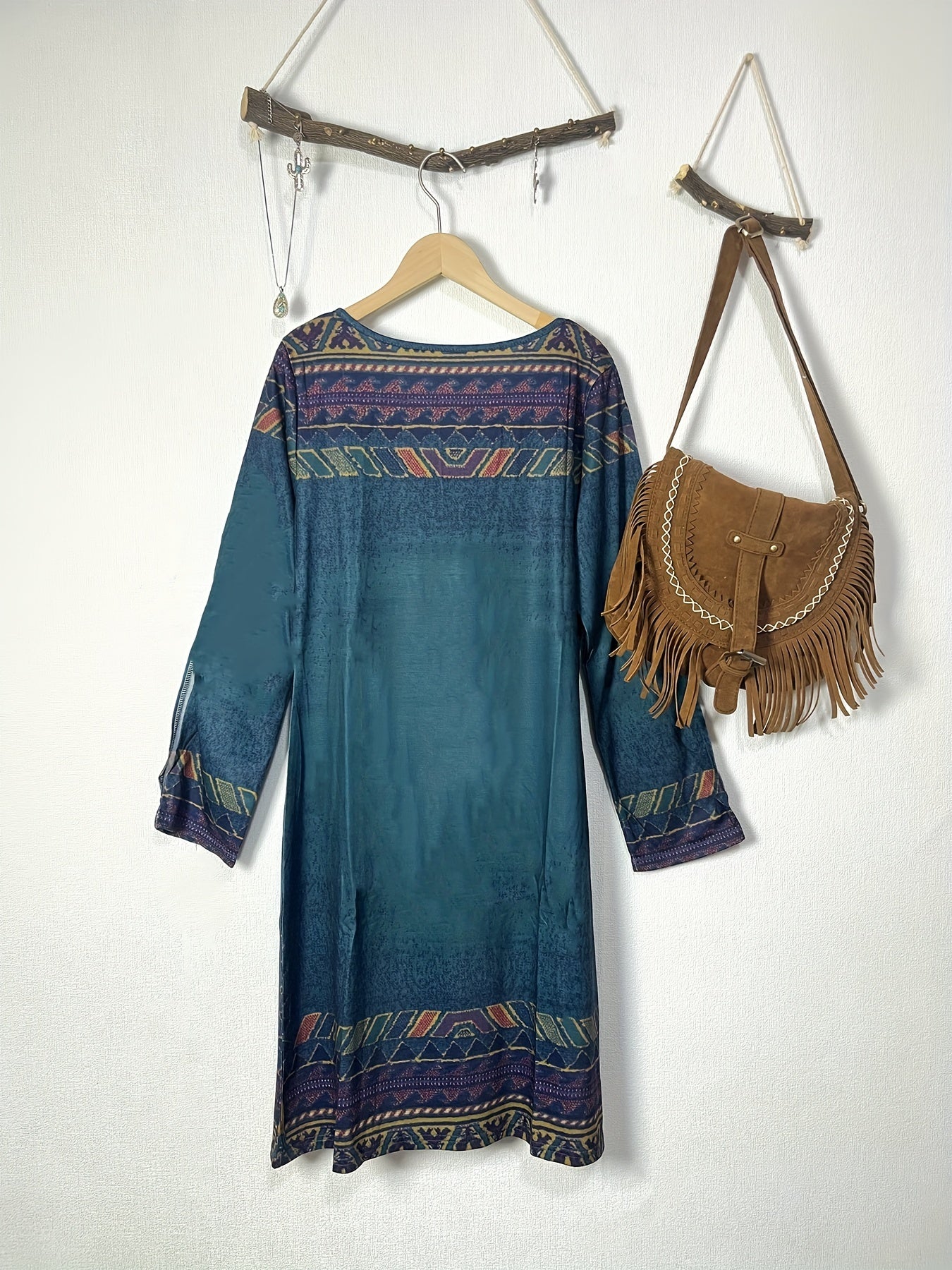 Vestido Midi Estampado Azteca - Manga Larga Abertura Suelto