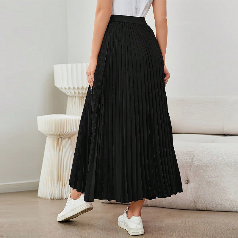 Falda Larga Plisada Negra Elegante Mujer