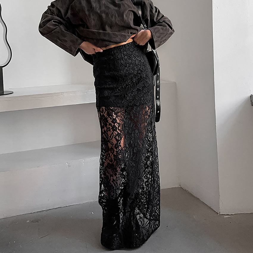 Falda Larga Negra Mujer Calado Elegante y Delicada