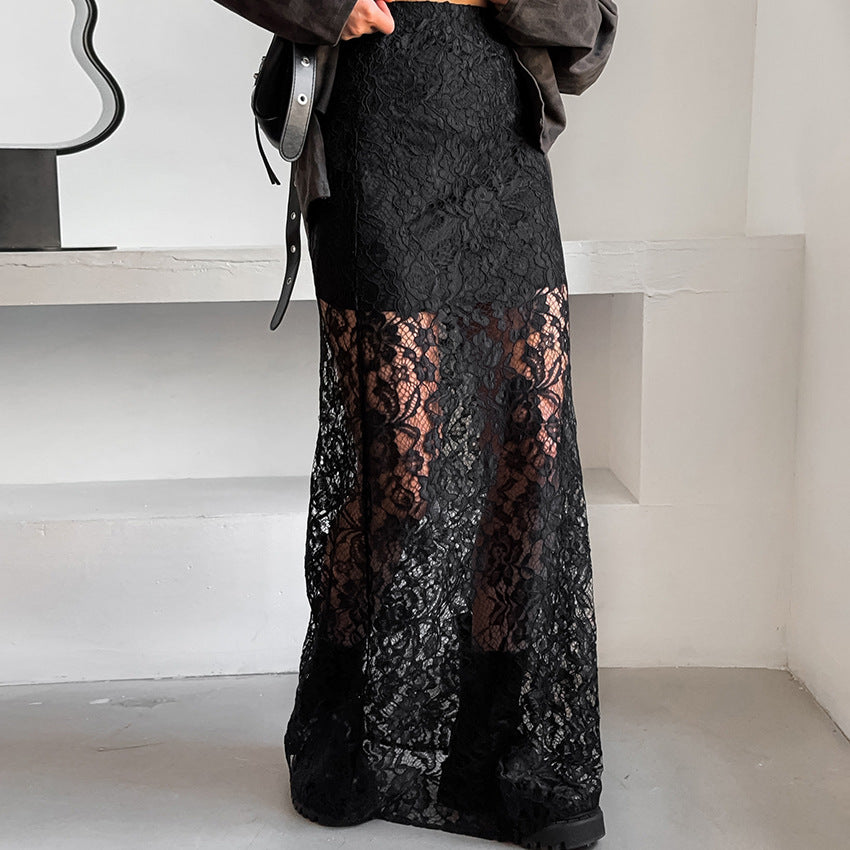 Falda Larga Negra Mujer Calado Elegante y Delicada