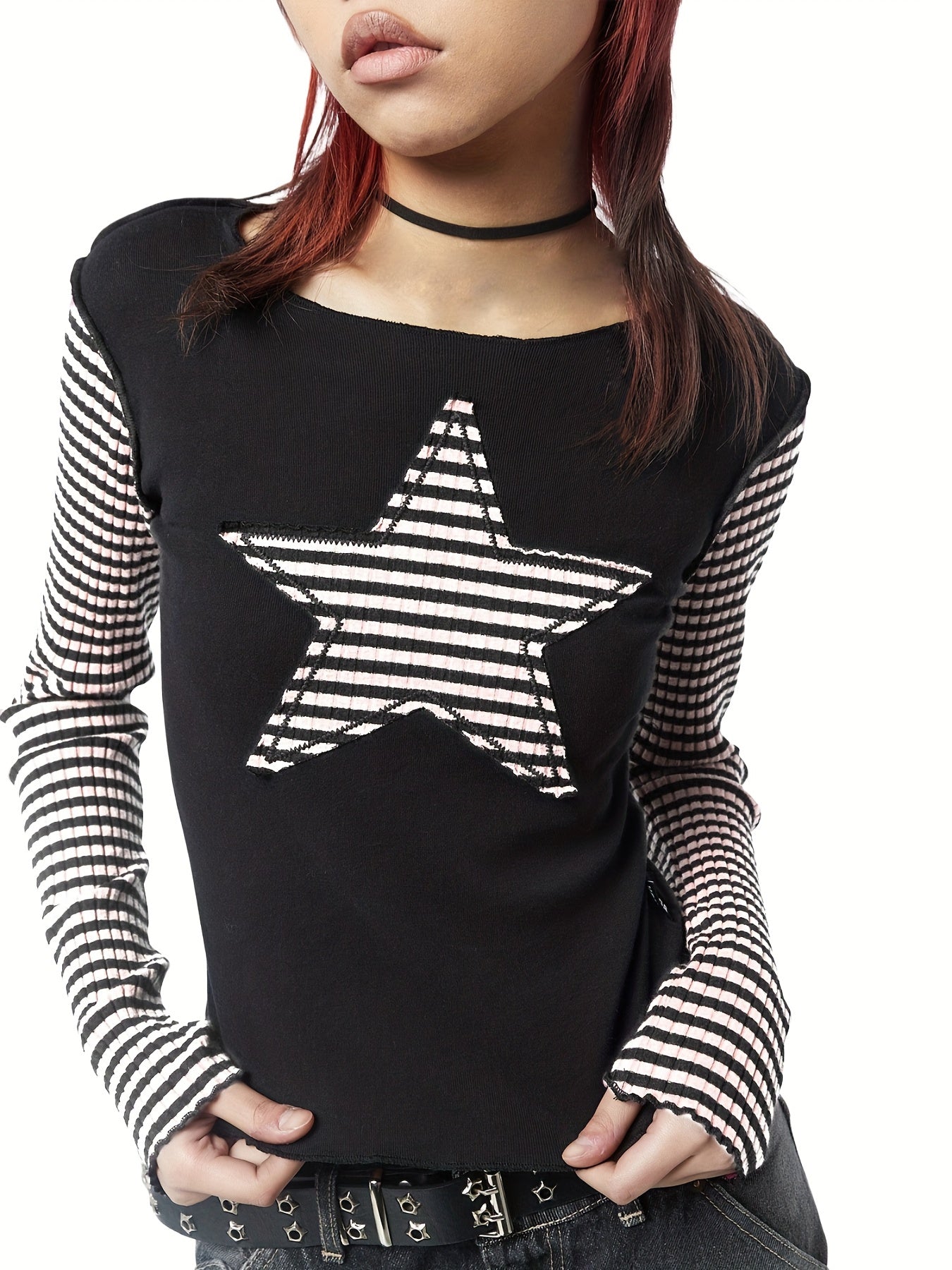 Star Stripes T-Shirt - Long Sleeve Round Neck