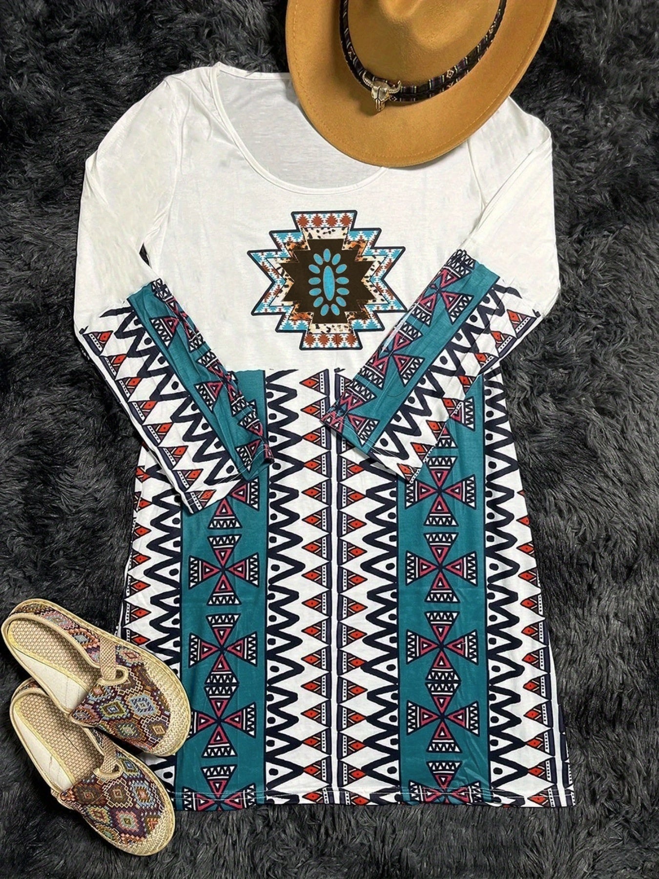 Vestido Midi Estampado Azteca - Manga Larga Abertura Suelto