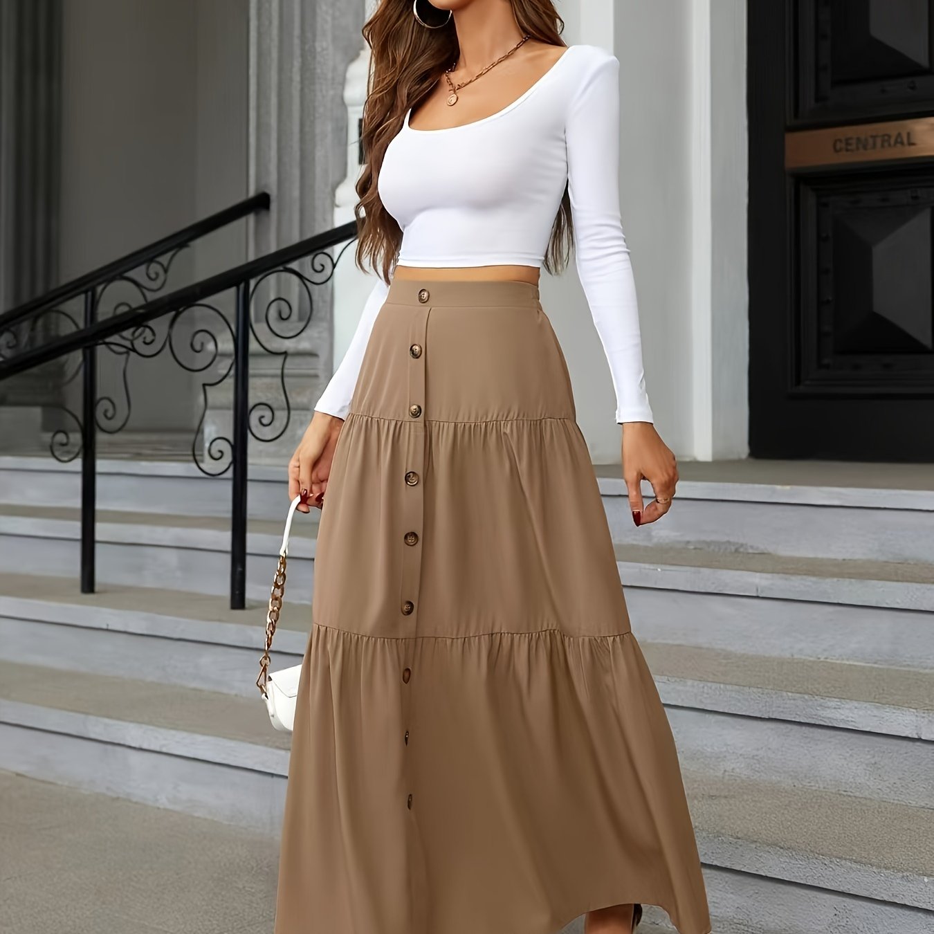 Tiered Maxi Skirt - High Waist Button Front