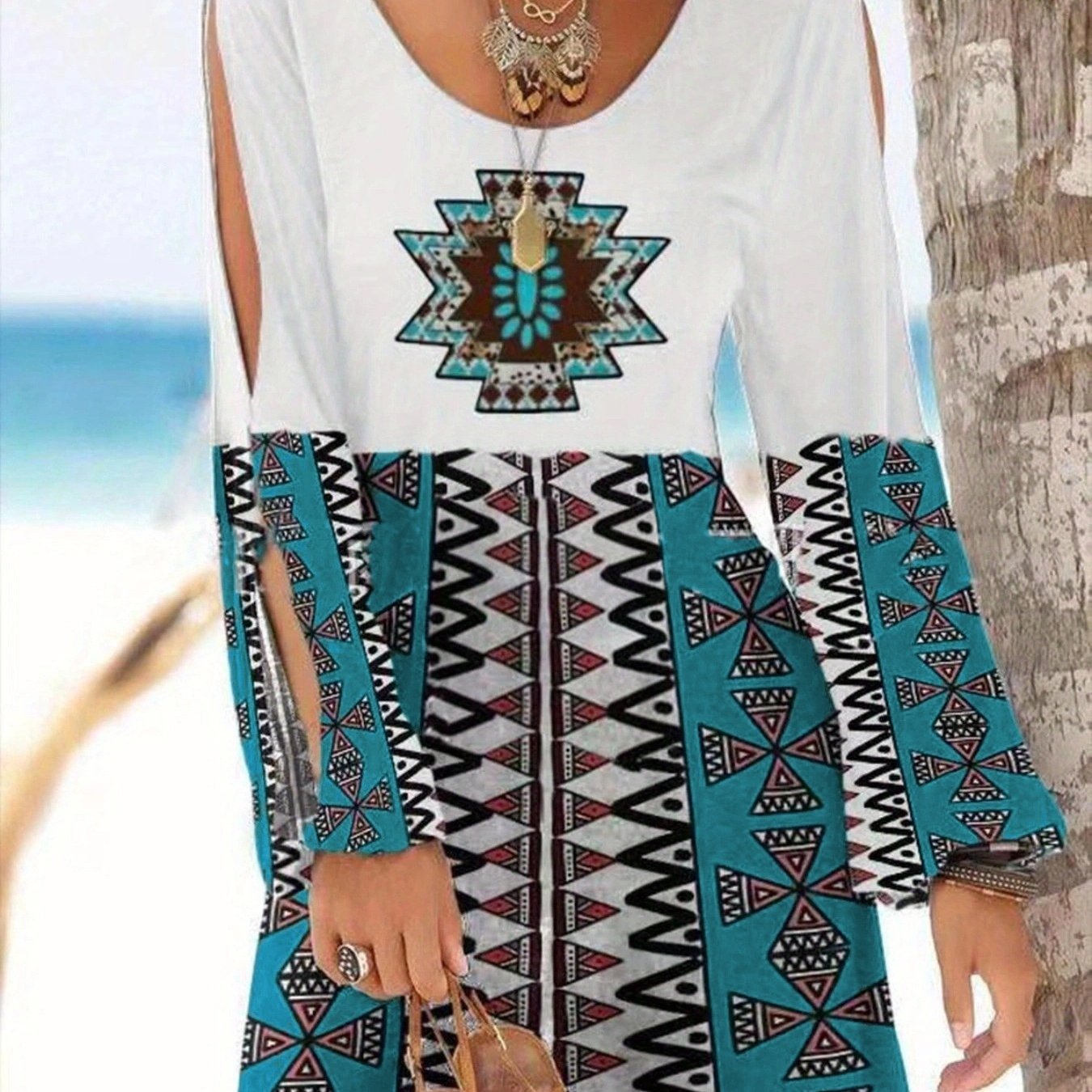 Vestido Midi Estampado Azteca - Manga Larga Abertura Suelto