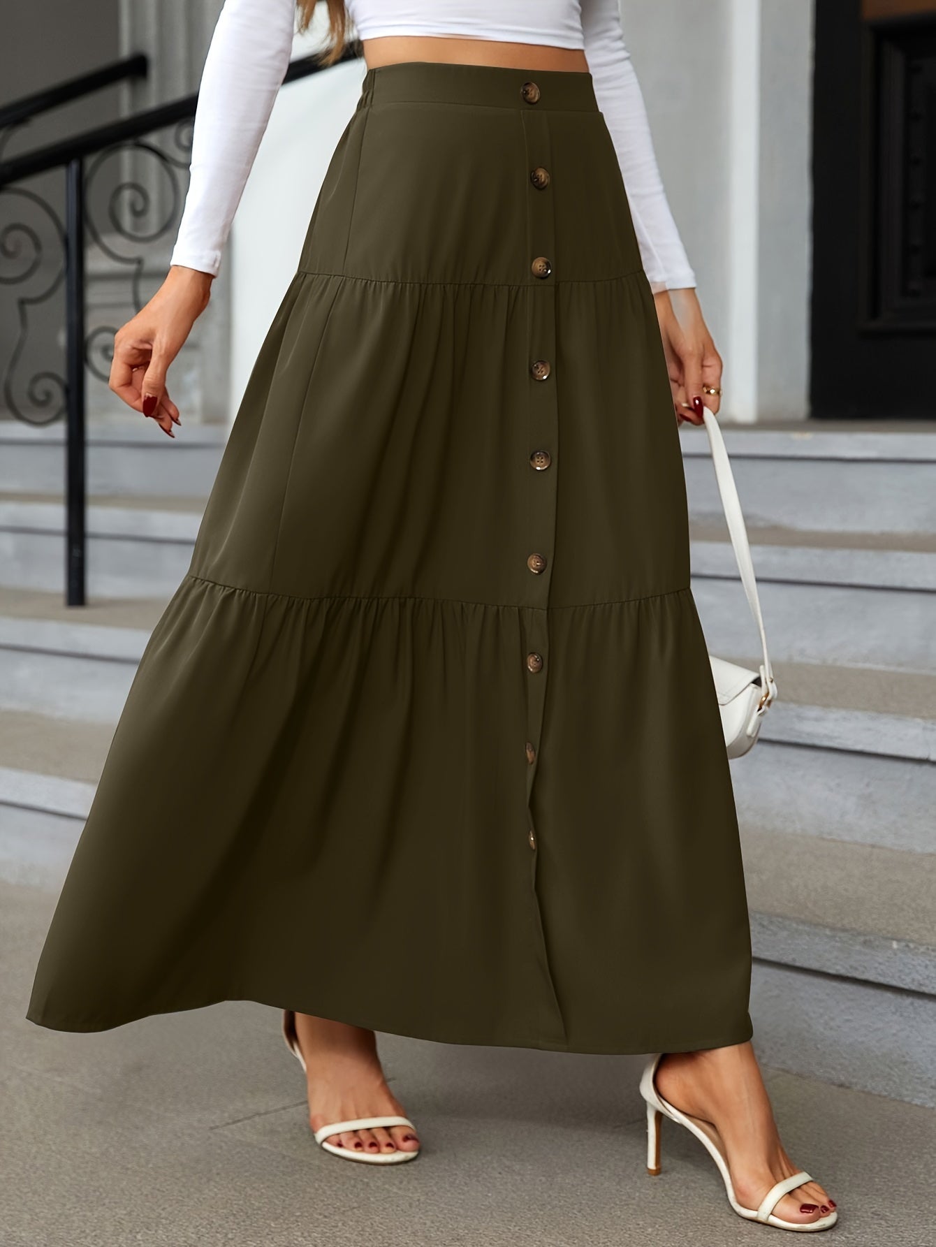 Tiered Maxi Skirt - High Waist Button Front