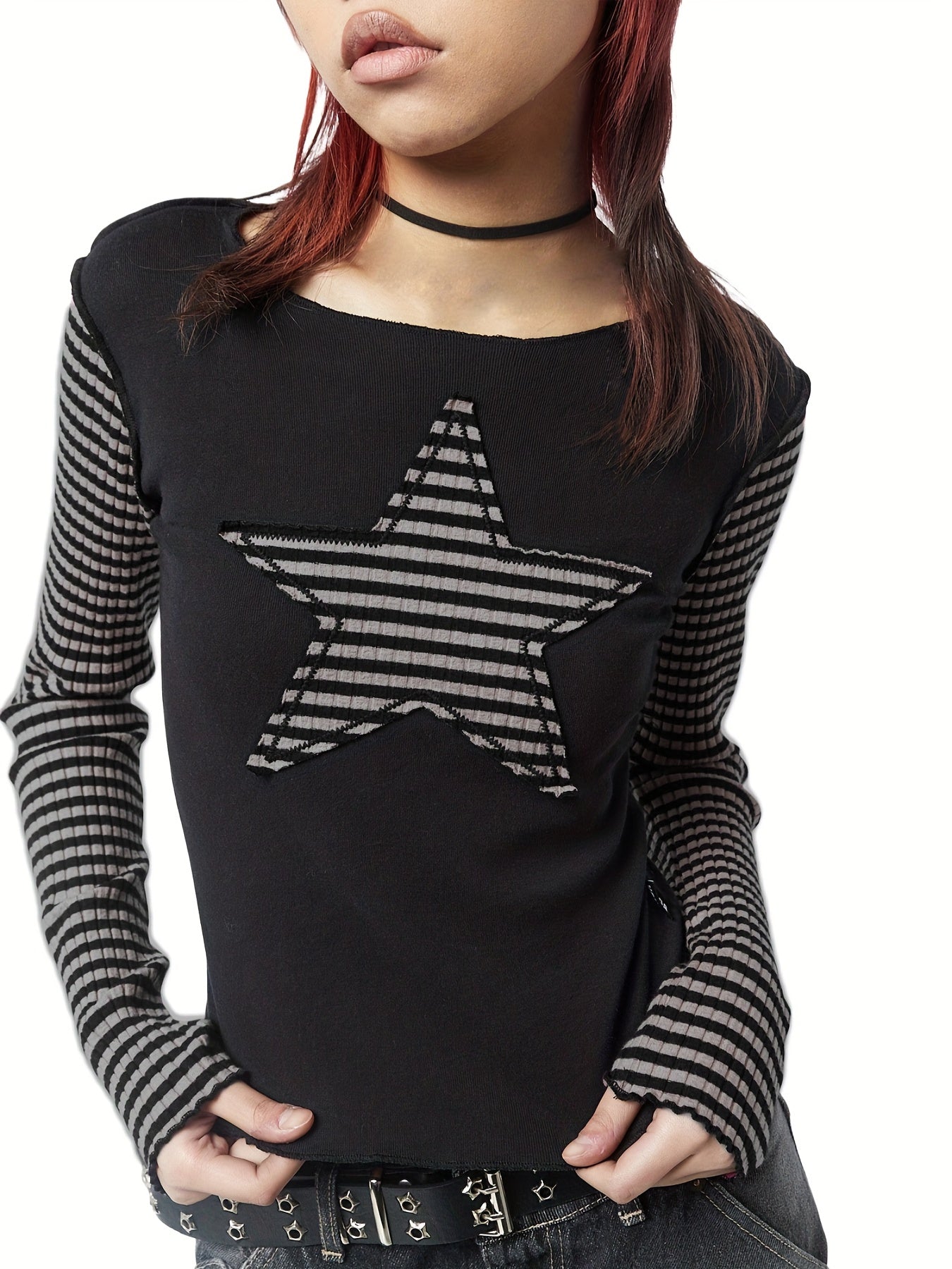 Star Stripes T-Shirt - Long Sleeve Round Neck
