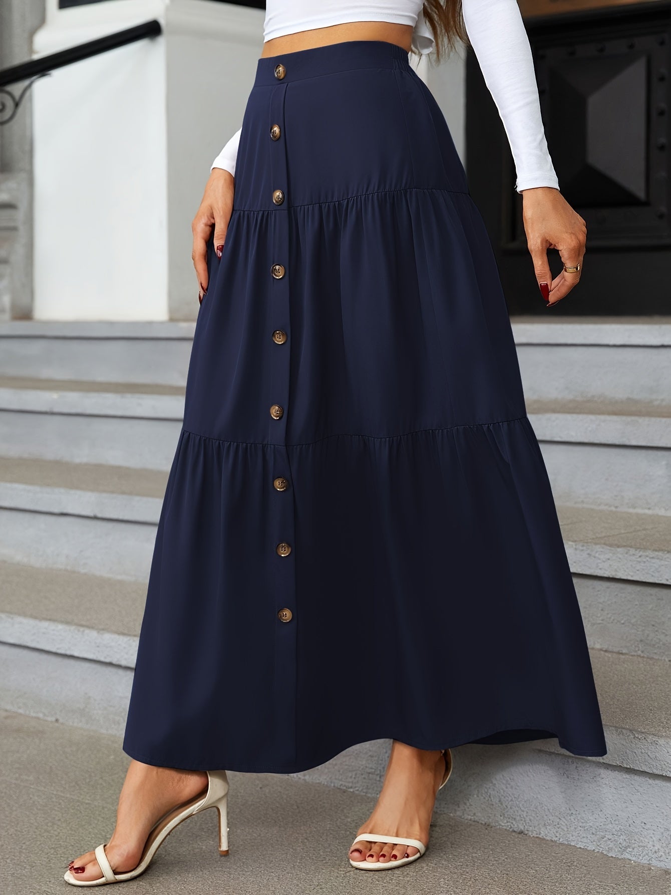 Tiered Maxi Skirt - High Waist Button Front