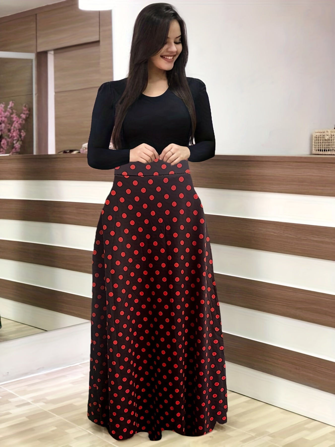 Vestido Maxi Diseño Variado Cintura Alta - Manga Larga Elegante