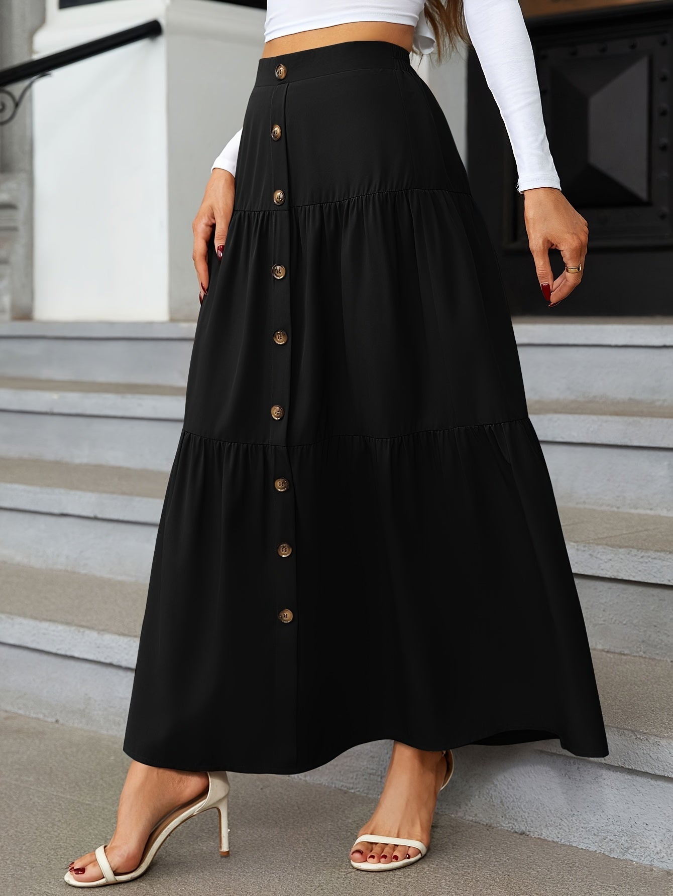 Tiered Maxi Skirt - High Waist Button Front