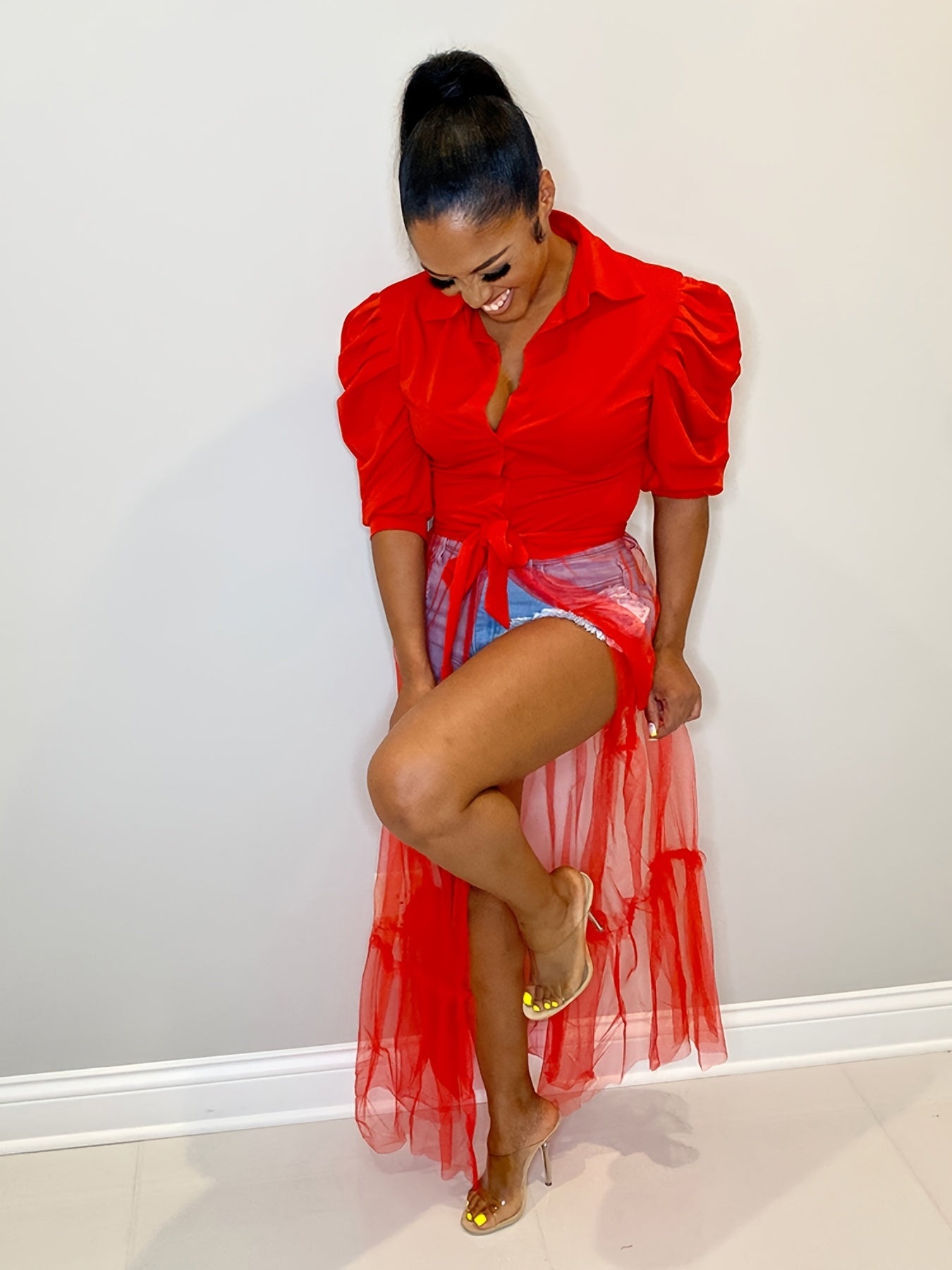 Vestido Camisa Mesh - Manga Corta Cuello Solapa Lazo