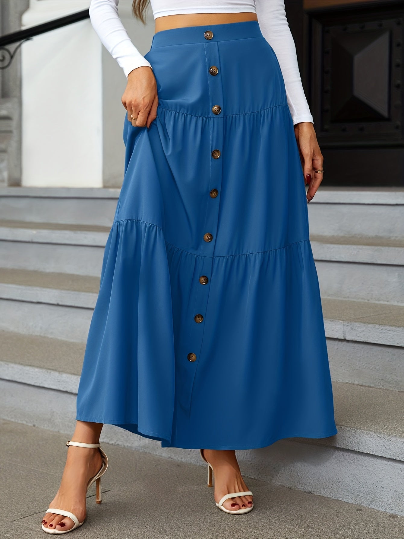 Tiered Maxi Skirt - High Waist Button Front