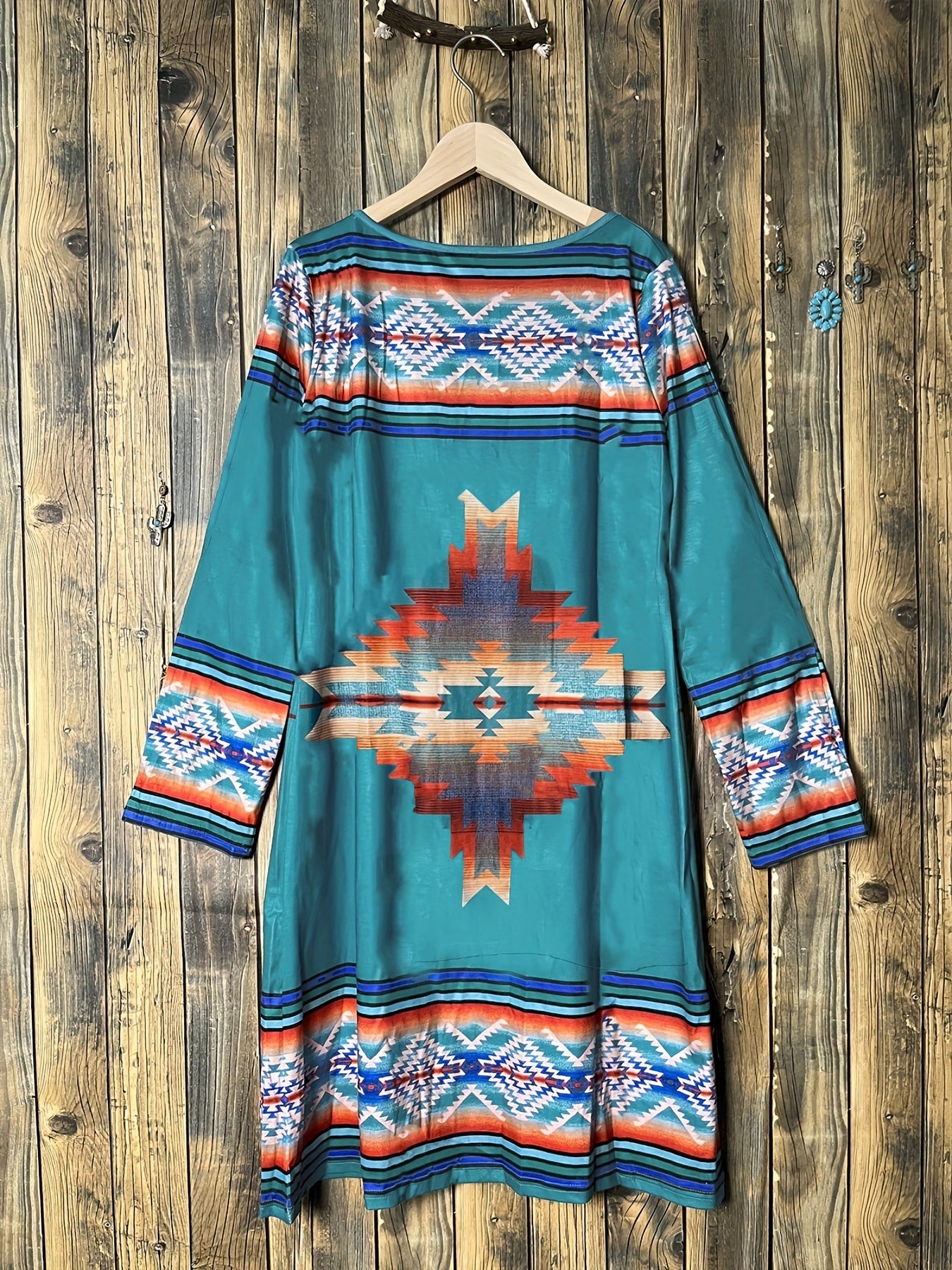 Vestido Midi Estampado Azteca - Manga Larga Abertura Suelto