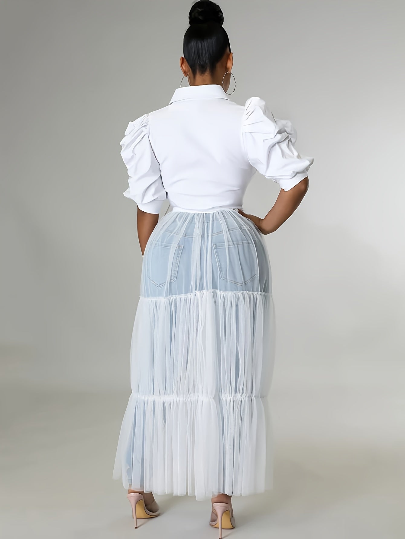 Vestido Camisa Mesh - Manga Corta Cuello Solapa Lazo