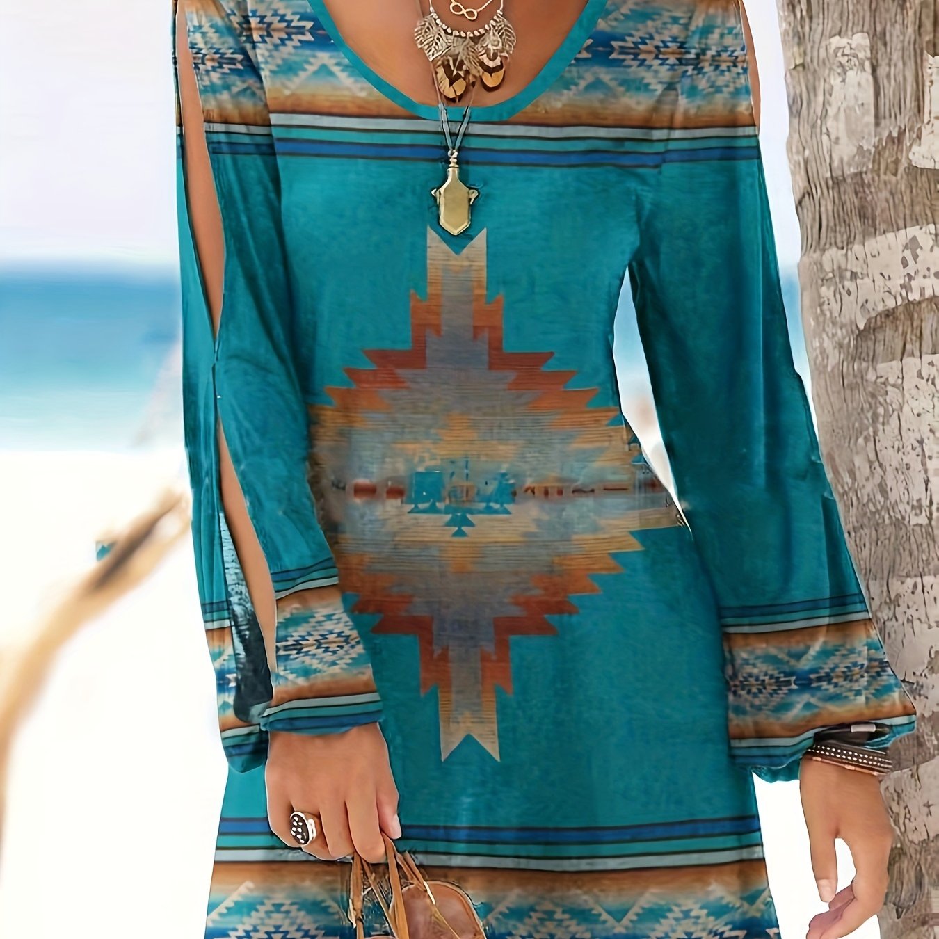 Vestido Midi Estampado Azteca - Manga Larga Abertura Suelto