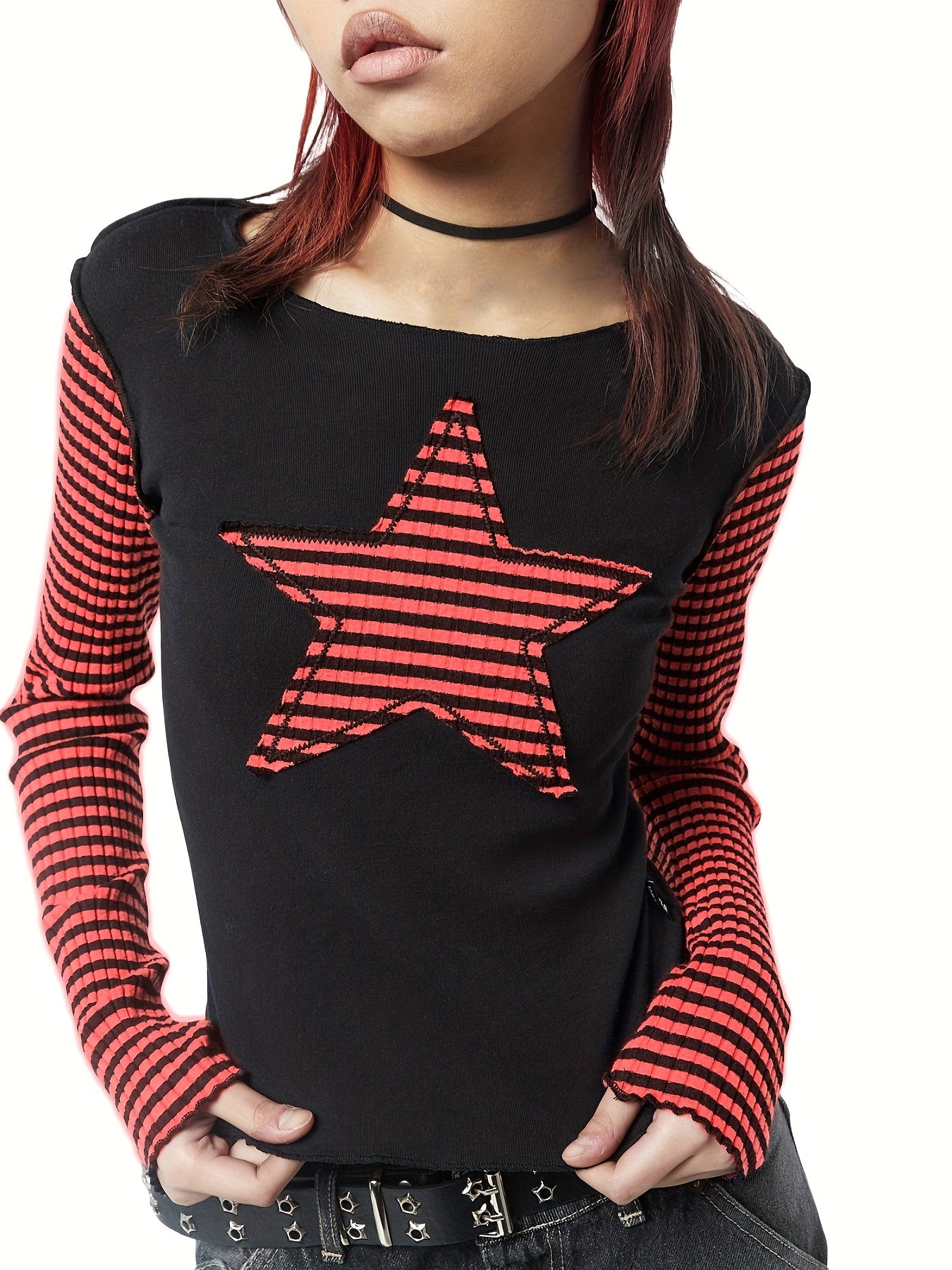 Star Stripes T-Shirt - Long Sleeve Round Neck
