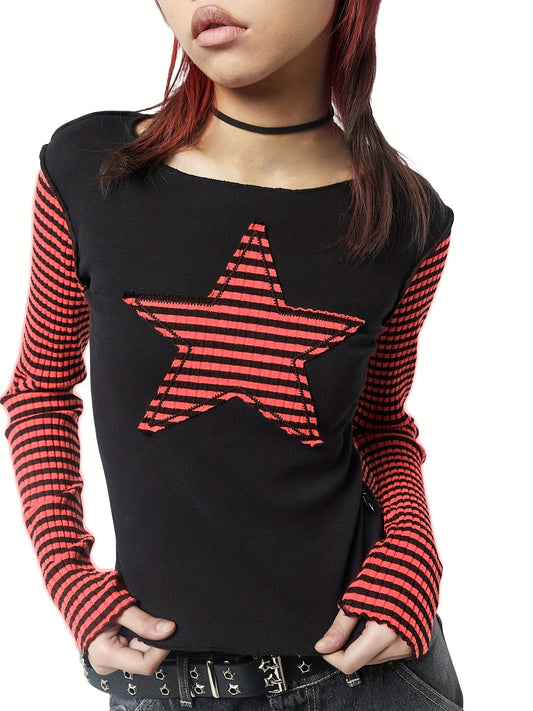 Star Stripes T-Shirt - Long Sleeve Round Neck