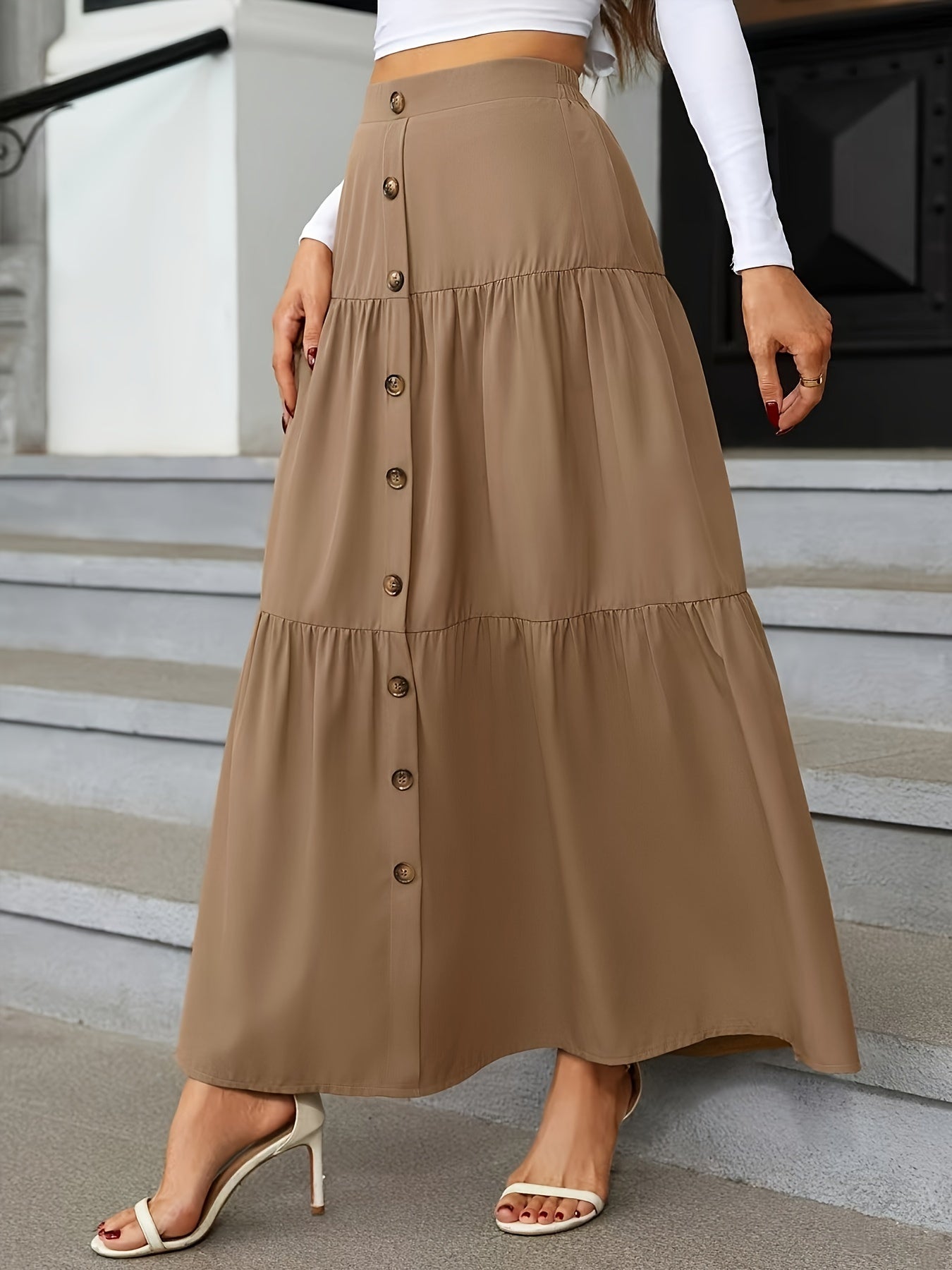 Tiered Maxi Skirt - High Waist Button Front