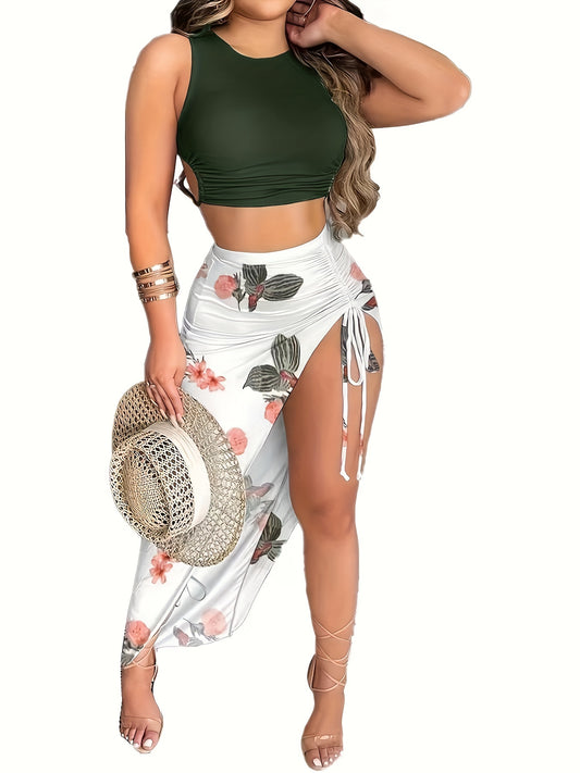 Conjunto Dos Piezas - Crop Top y Falda Floral con escote
