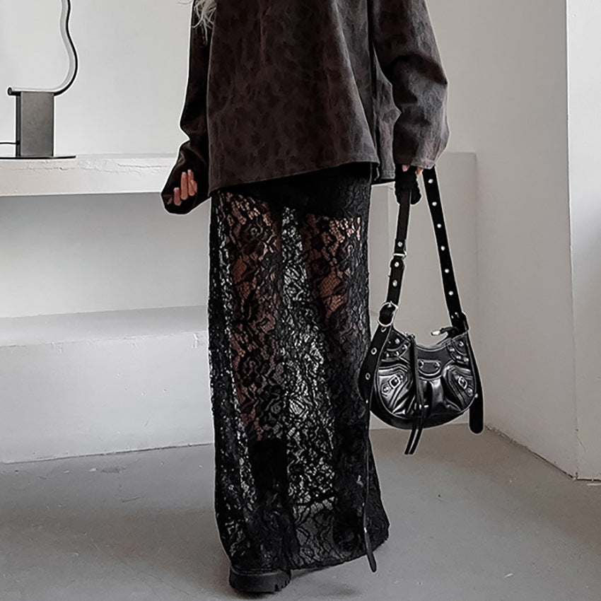 Falda Larga Negra Mujer Calado Elegante y Delicada