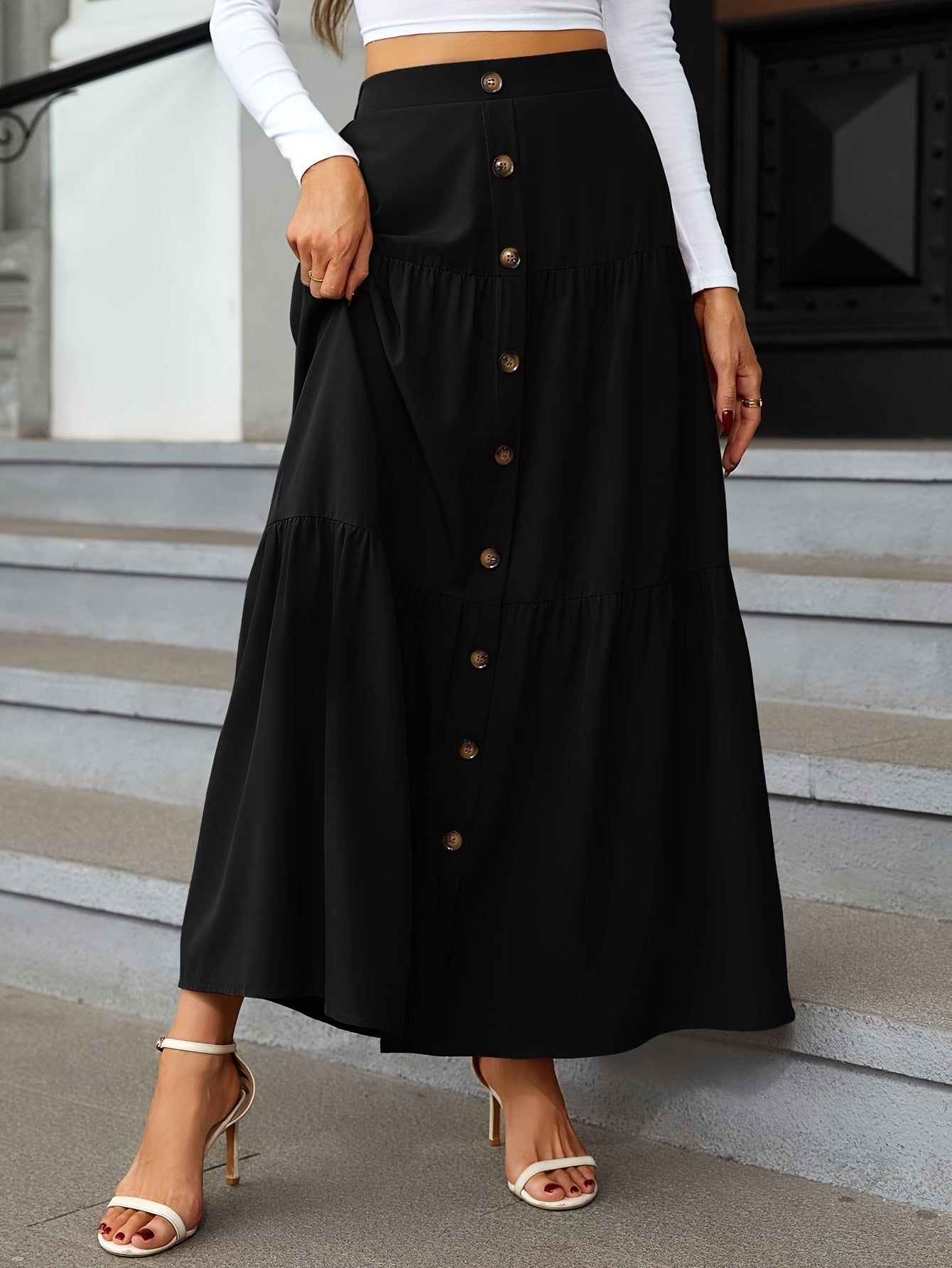 Tiered Maxi Skirt - High Waist Button Front