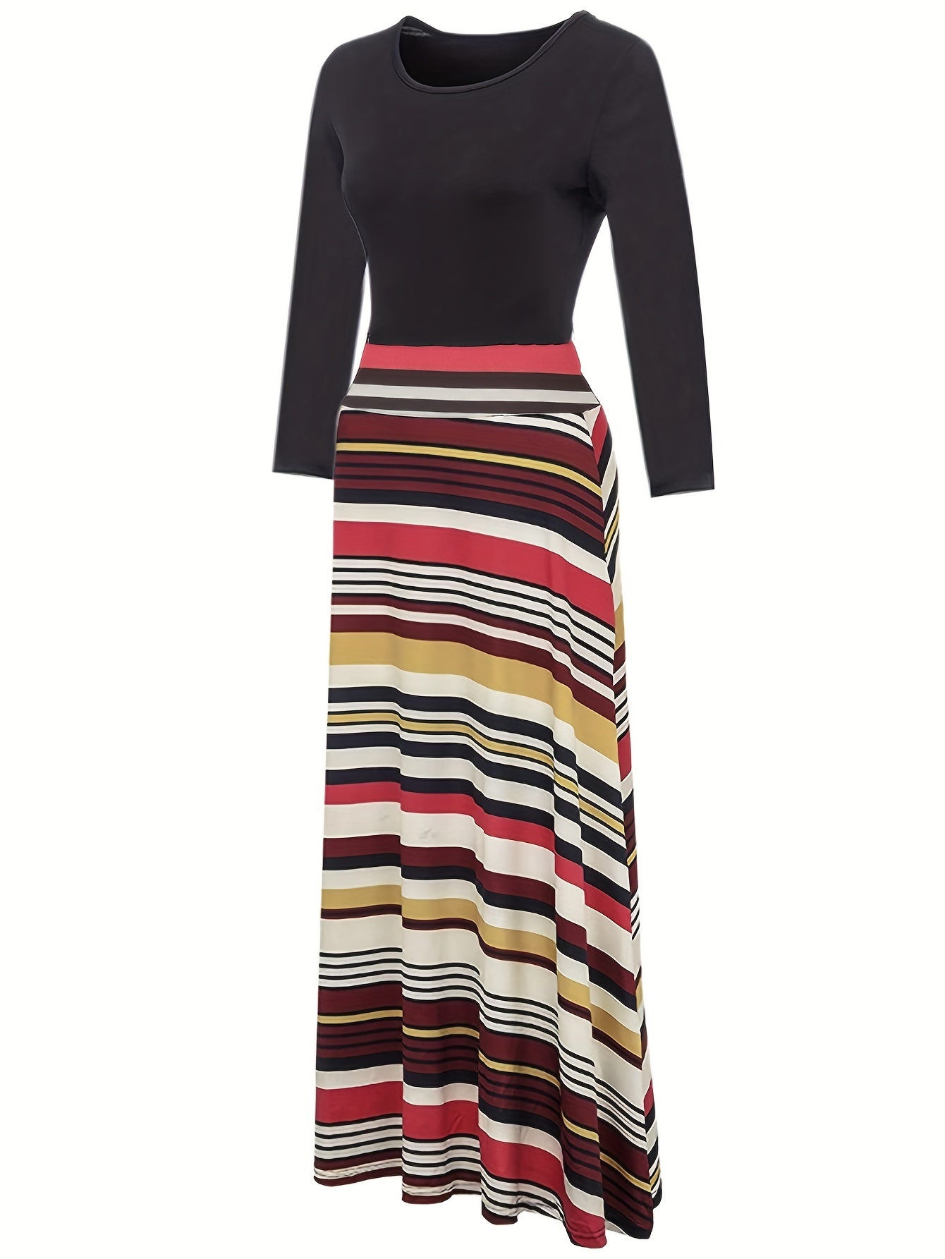 Vestido Maxi Estampado Floral y Rayas - Cintura Alta Manga Larga