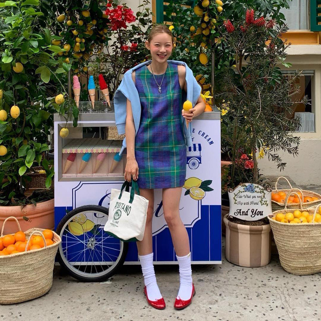 Vestido Sin Mangas Cuadros Verde - Retro Coreano Casual