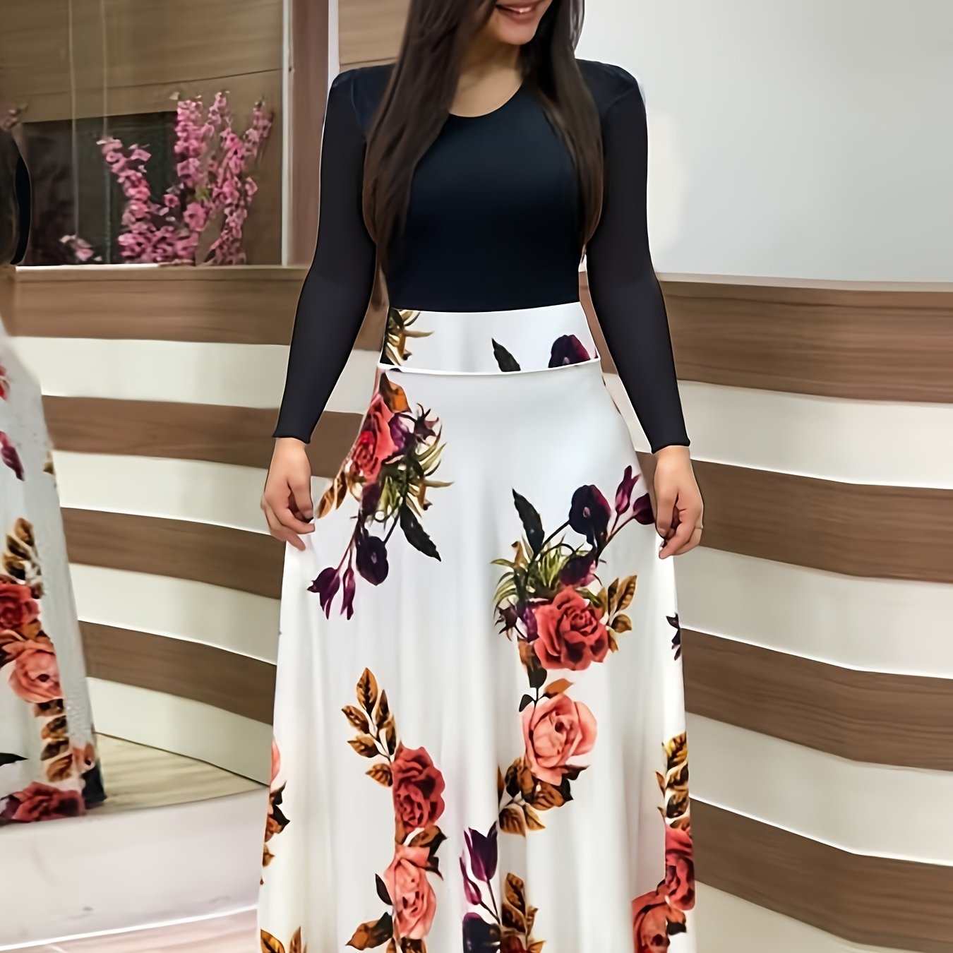 Vestido Maxi Estampado Floral y Rayas - Cintura Alta Manga Larga