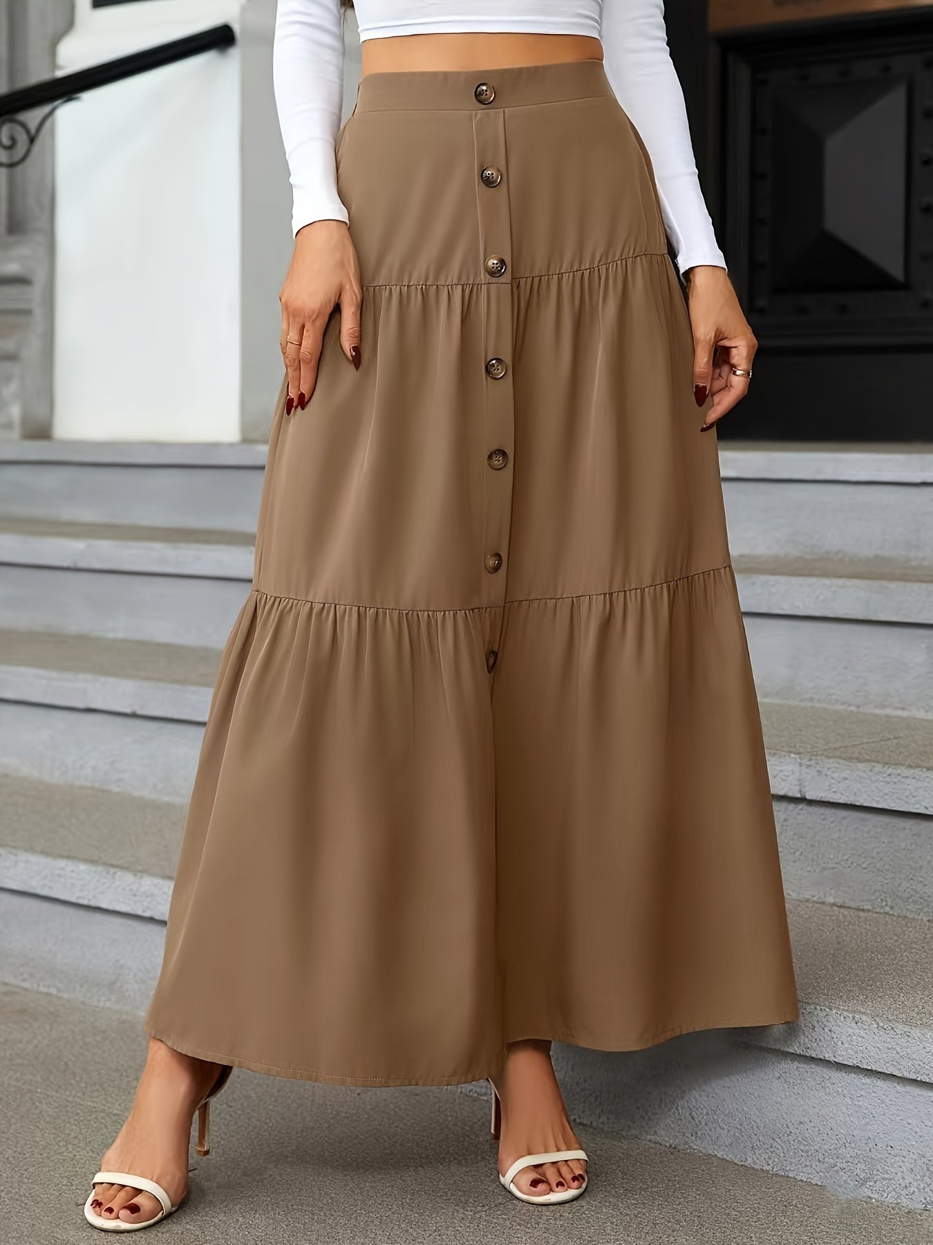 Tiered Maxi Skirt - High Waist Button Front